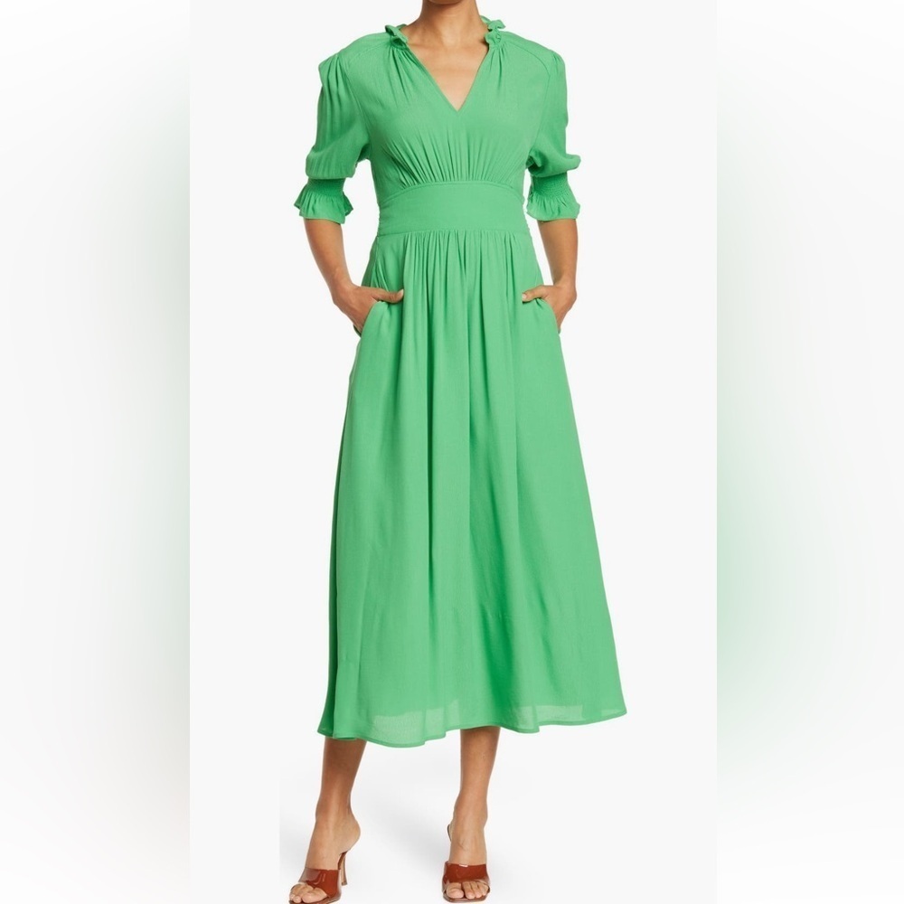 Mellody Quarter Sleeve Yoke Waist Lined V-Neck Royal Green Maxi Dress w/ Pockets